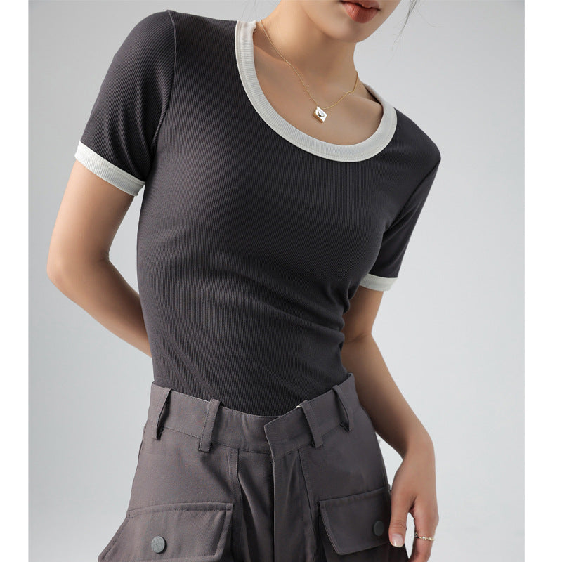 Damen kurzärmliges Shirt mit geometrischem Rippdesign und Kontrastdetails Drune