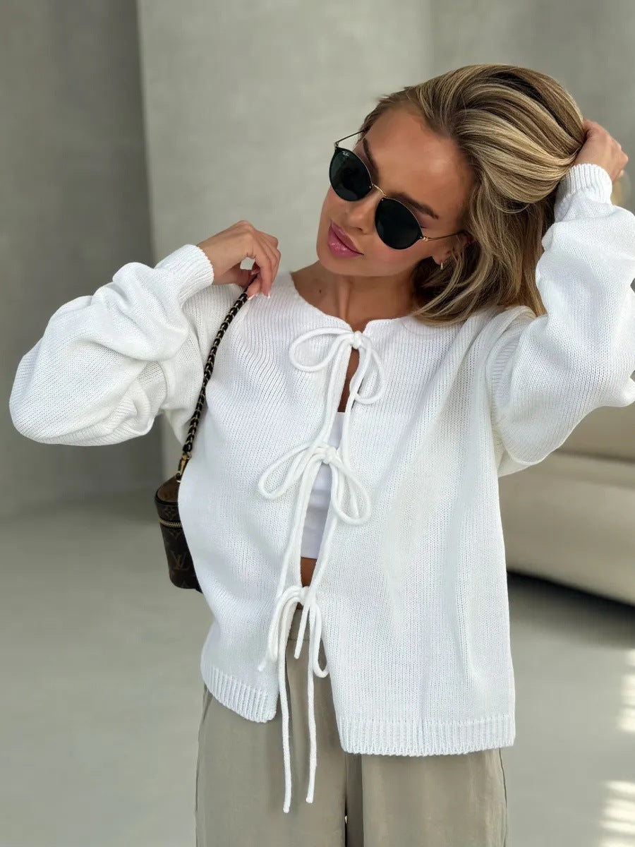 Damen lässiger Strickpullover mit dekorativer Schnürung und weitem Schnitt Drune