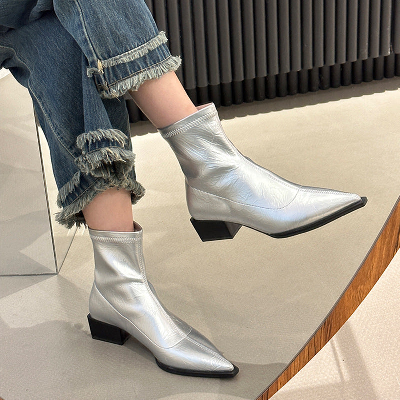 Damen elegante Stiefeletten mit spitzem Zehenbereich und Blockabsatz Drune