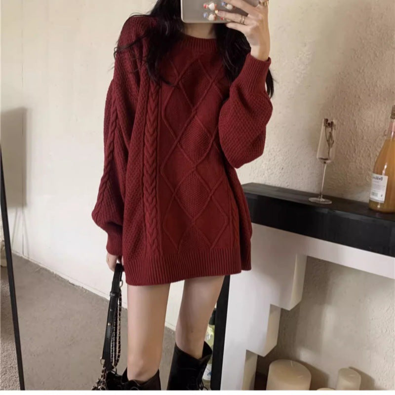 Damen Oversize Zopfmuster-Longpullover mit Rundhals und Ballonärmeln Drune