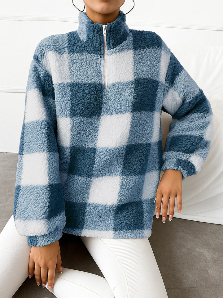 Damen nan kariertes Teddy-Fleece Pullover mit Stehkragen und halbhohem Reißverschluss Drune
