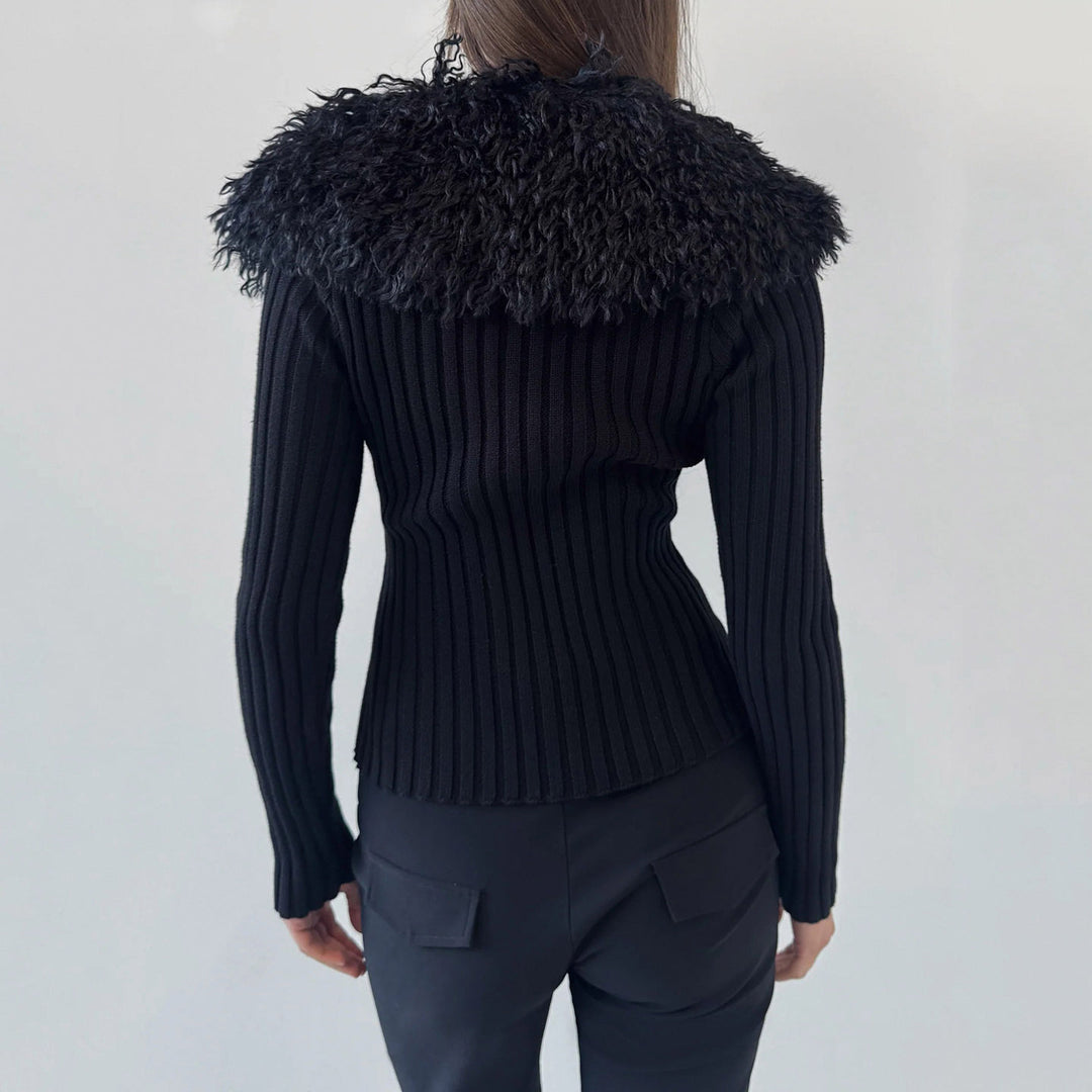 Damen Taillierter Rippstrick-Cardigan mit Reißverschluss und voluminösem Kunstfellkragen Drune