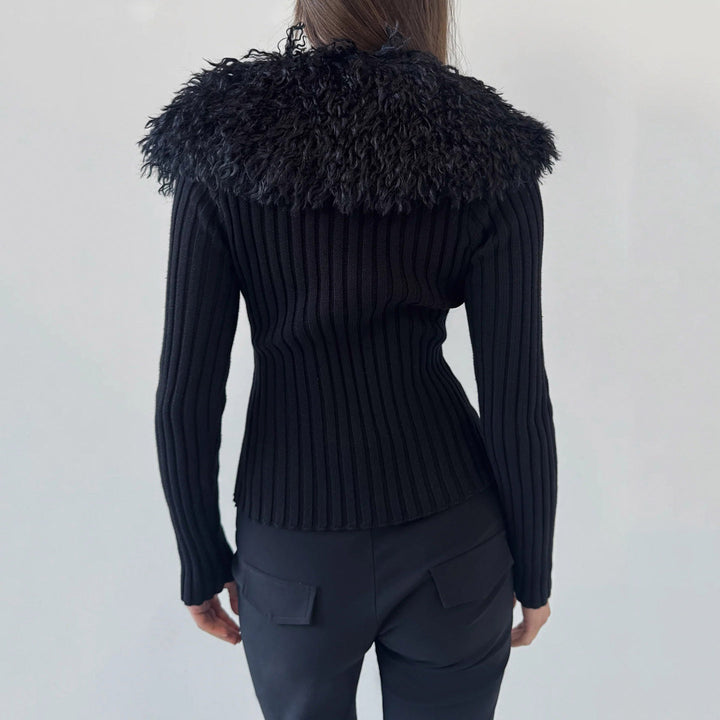 Damen Taillierter Rippstrick-Cardigan mit Reißverschluss und voluminösem Kunstfellkragen Drune
