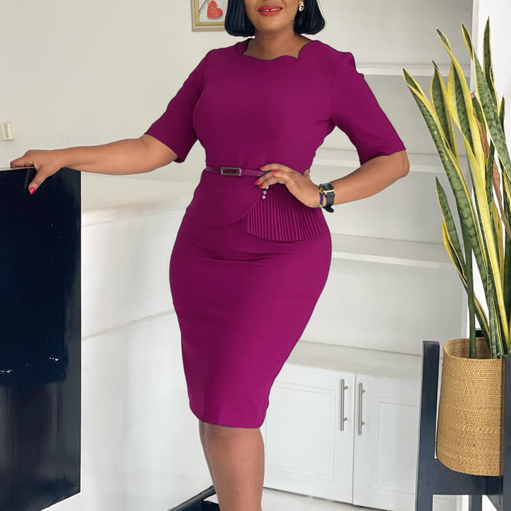 Damen Midi-Kleid mit drapierter Vorderseite und abnehmbaren Taillengürteln Drune