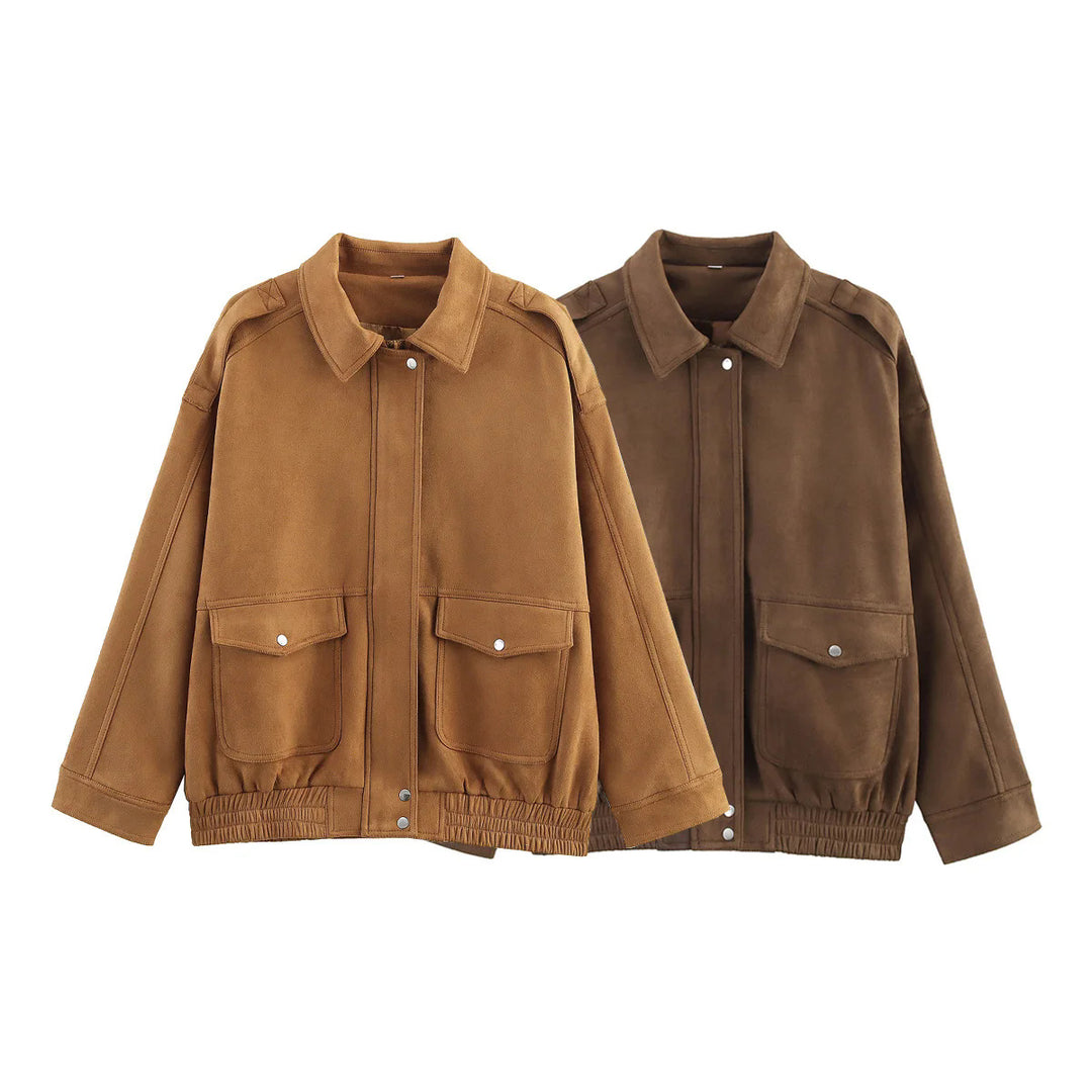 Damen nan kastige Veloursjacke mit Druckknopfleiste, aufgesetzten Klappentaschen und elastischem Saum Drune