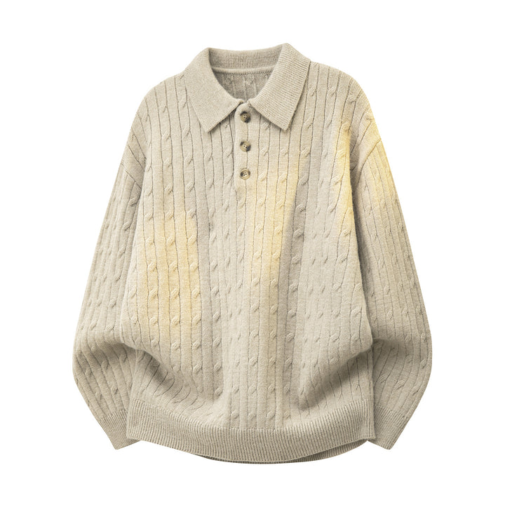 Herren Grobgestrickter Oversize-Polo-Pullover mit Knopfleiste & Zopfmuster Drune