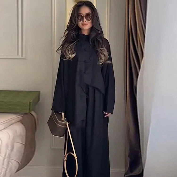 Damen Zweiteiliges Oversize Lounge‑Set mit Stehkragen und dekorativen Knotenverschlüssen Drune