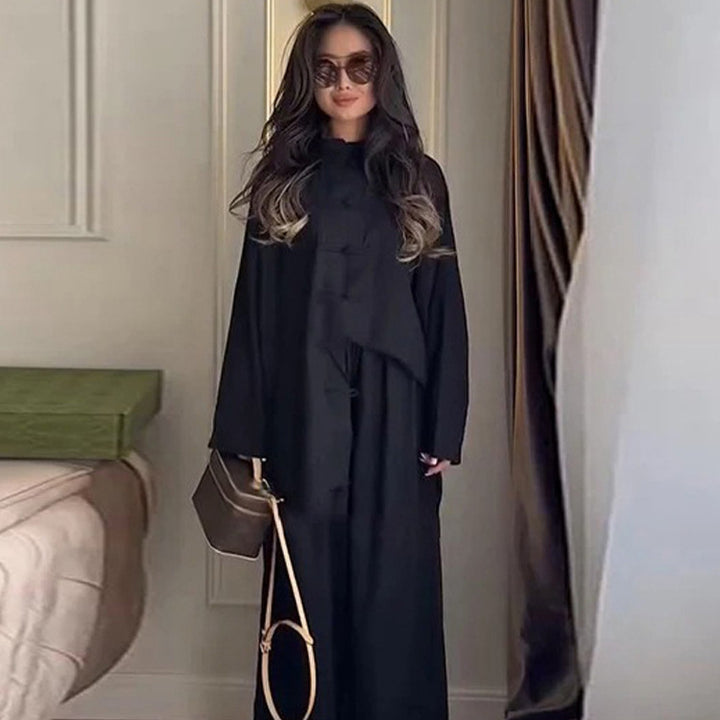 Damen Zweiteiliges Oversize Lounge‑Set mit Stehkragen und dekorativen Knotenverschlüssen Drune