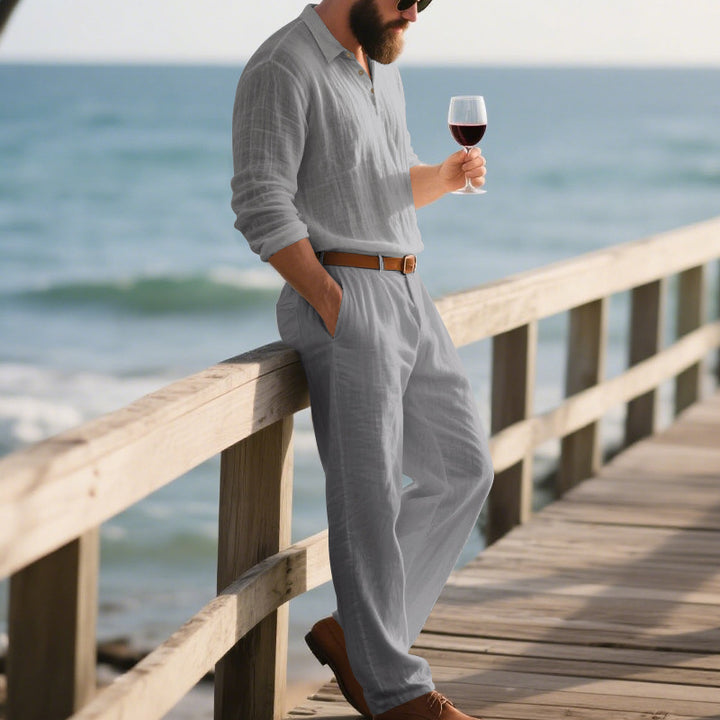 Herren eleganter Freizeit-Jumpsuit mit praktischen Taschen und stylischem Henley-Ausschnitt Drune