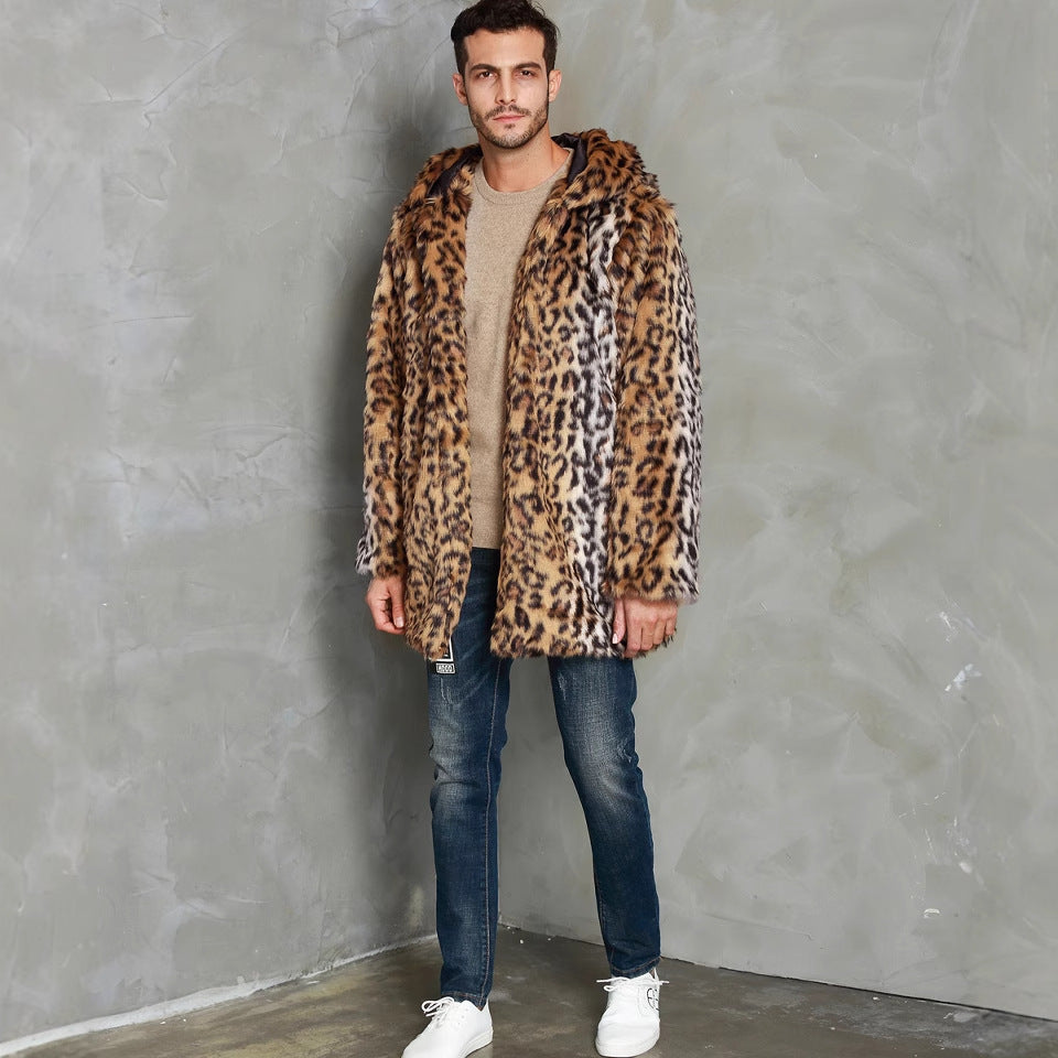 Herren Modischer Kunstpelzmantel mit Kapuze und elegantem Schnitt Drune