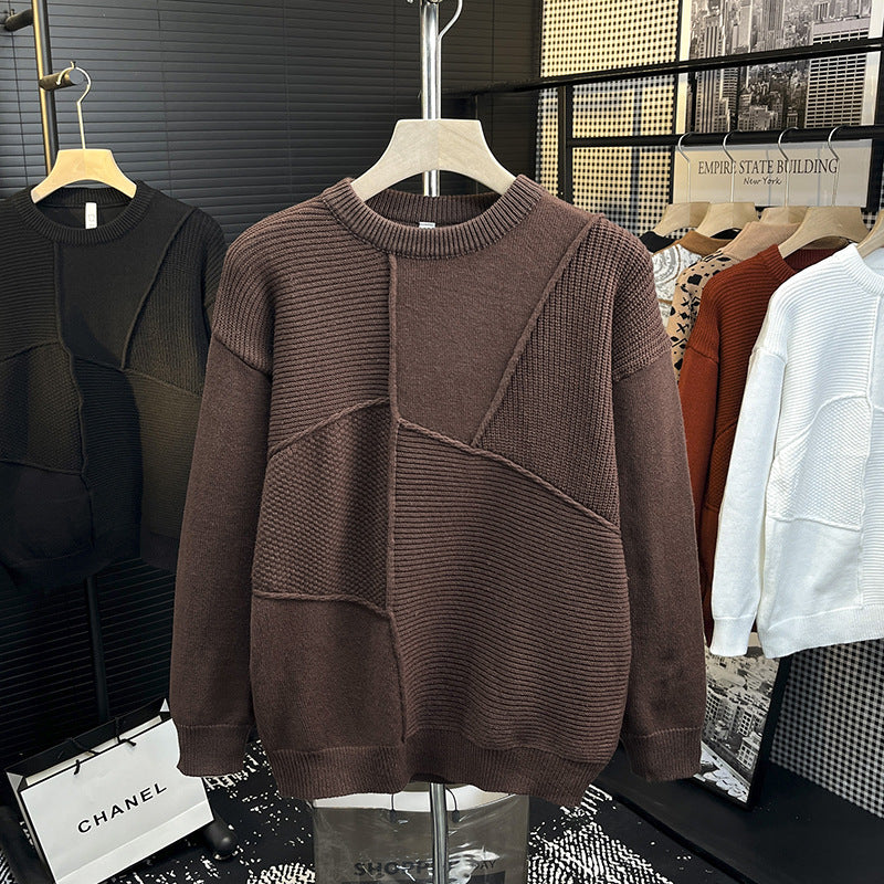 Herren Strukturierter Patchwork-Strickpullover mit Rundhals und gerippten Einsätzen Drune