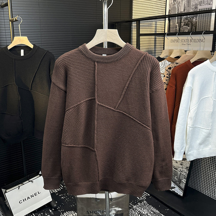 Herren Strukturierter Patchwork-Strickpullover mit Rundhals und gerippten Einsätzen Drune