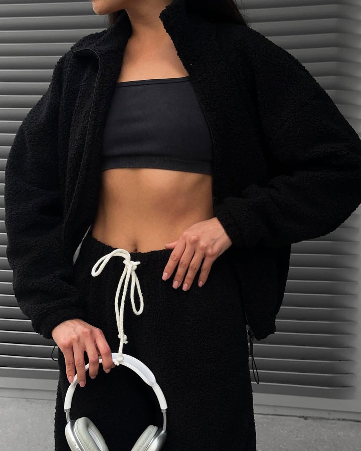 Damen Teddy-Fleece-Loungewear Set mit halbem Reißverschluss elastischem Tunnelzugbund und weitem Bein Drune