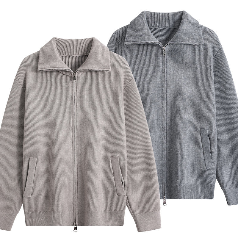 Herren Strick-Zipjacke mit Stehkragen, gerippter Struktur und Oversized-Schnitt Drune