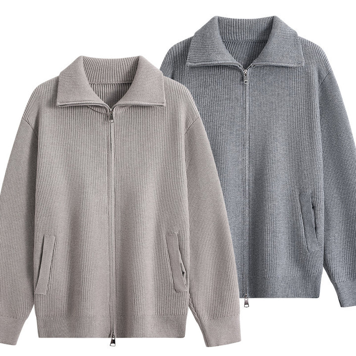 Herren Strick-Zipjacke mit Stehkragen, gerippter Struktur und Oversized-Schnitt Drune