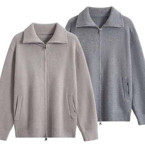 Herren Strick-Zipjacke mit Stehkragen, gerippter Struktur und Oversized-Schnitt Drune