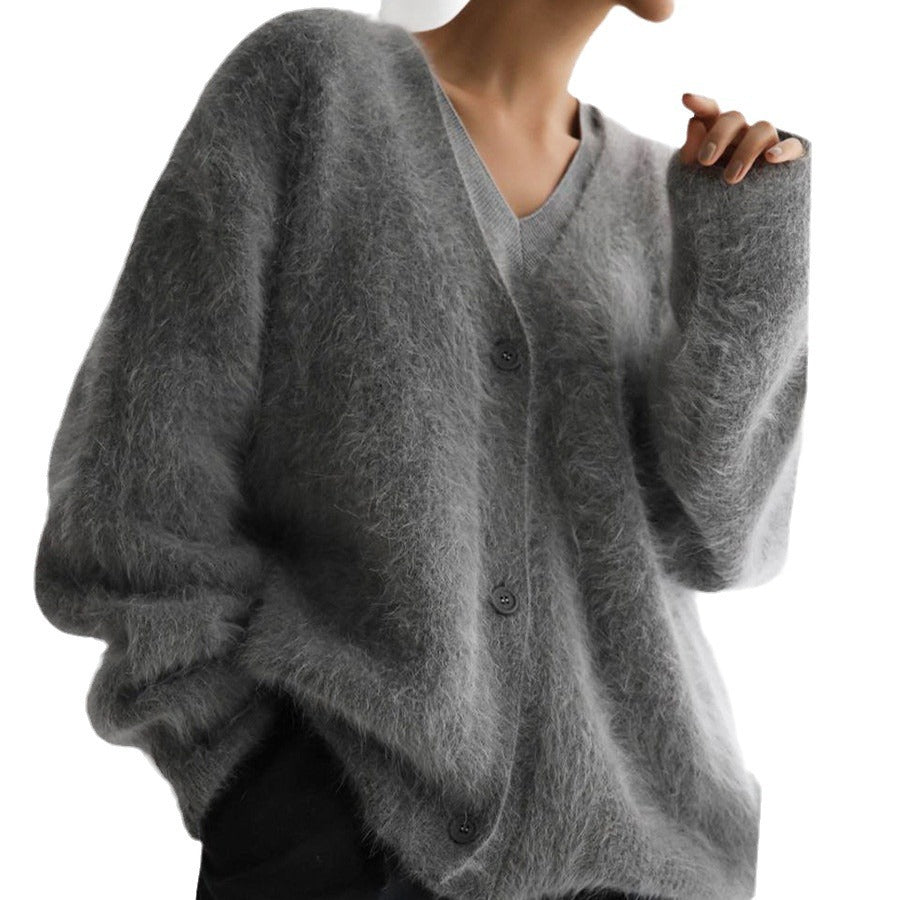 Damen Flauschiger Oversize-Knopfcardigan mit tiefem V-Ausschnitt und Eingrifftaschen Drune
