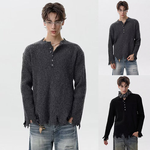 Herren Lässiger Grobstrickpullover mit Knopfleiste und rissigem Saum Drune