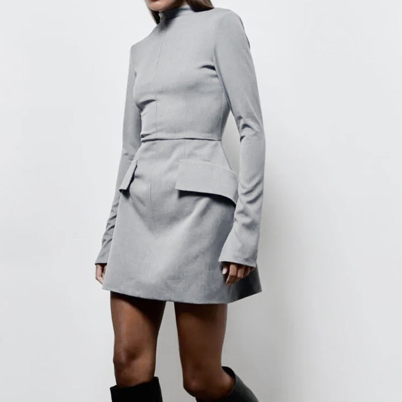 Damen Elegantes Kleid mit hohem Kragen und Taschen Drune