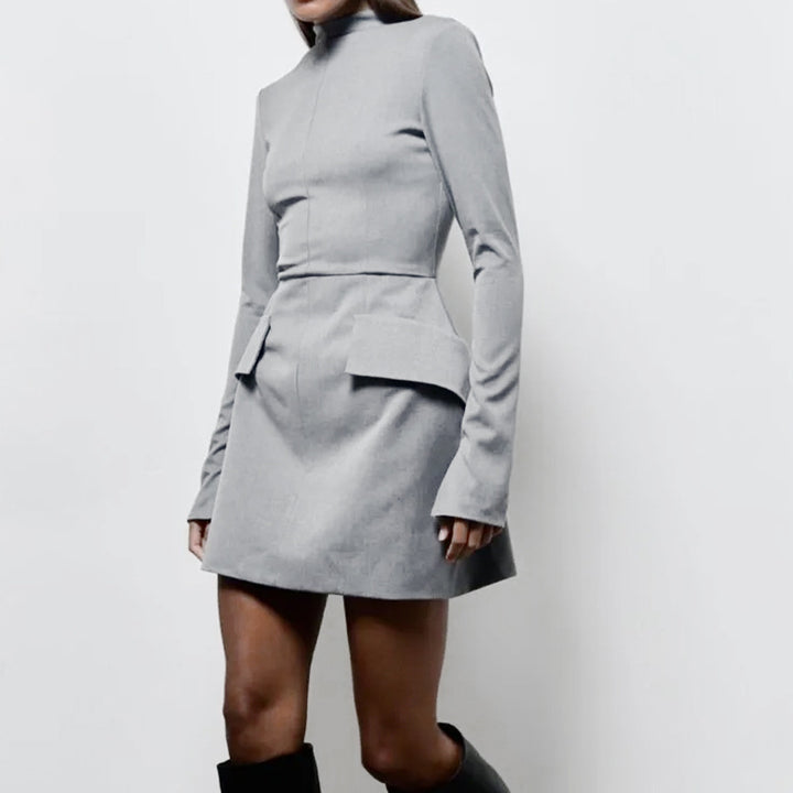 Damen Elegantes Kleid mit hohem Kragen und Taschen Drune