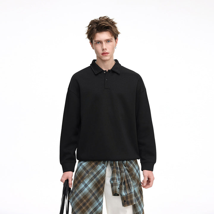 Herren Oversize Waffelstruktur-Polopullover mit halber Knopfleiste und gerippten Bündchen Drune