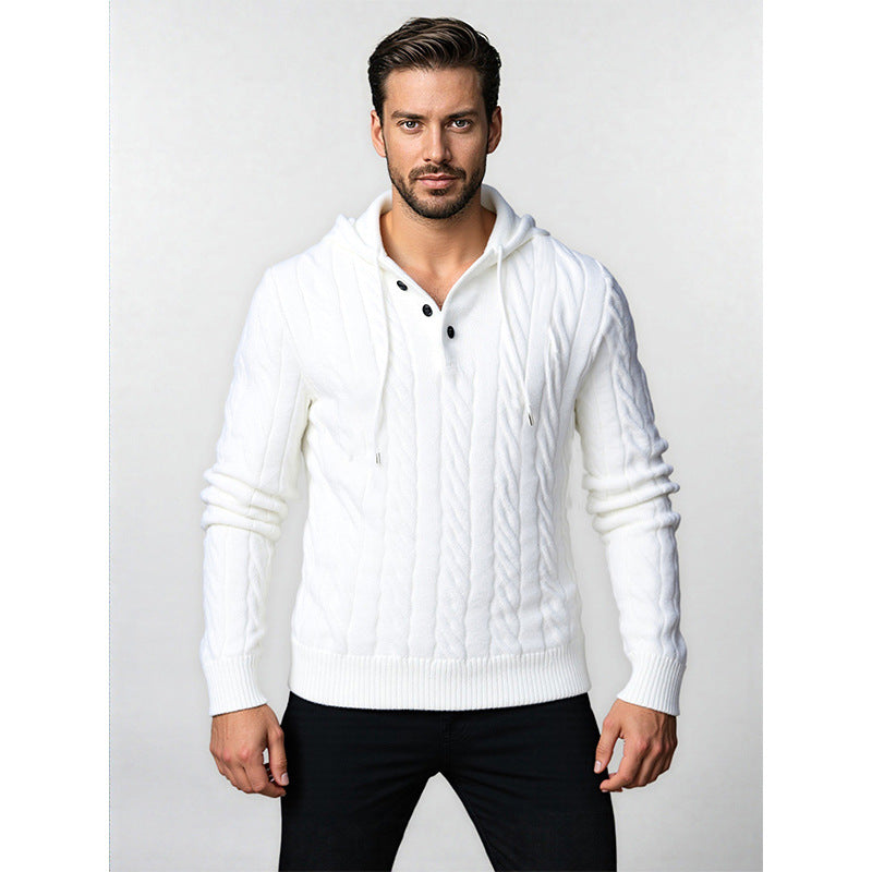 Herren Strukturiertes Zopfmuster-Kapuzenpullover mit Knopfleiste Drune