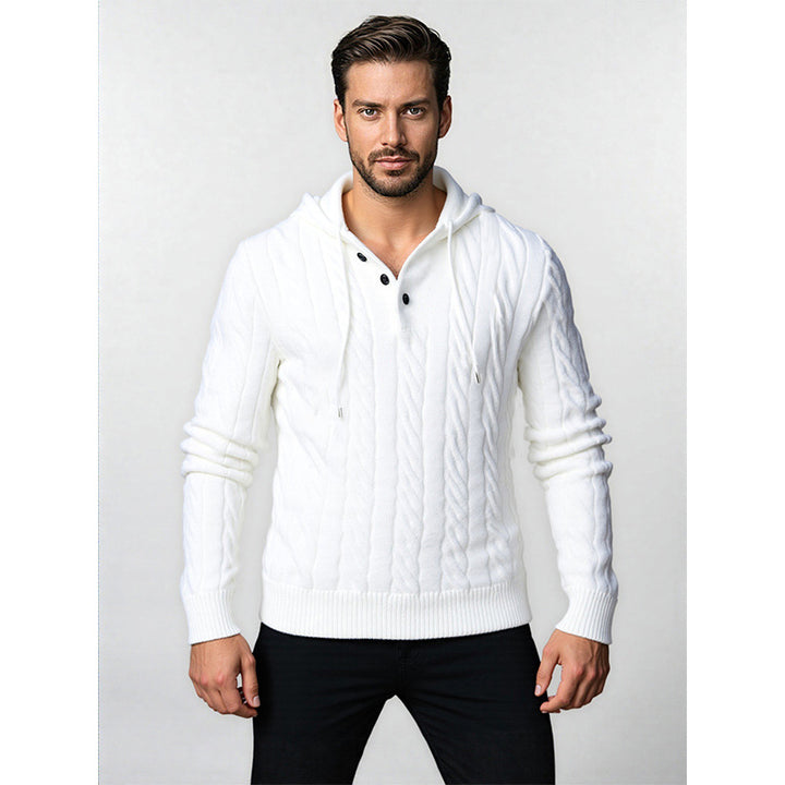Herren Strukturiertes Zopfmuster-Kapuzenpullover mit Knopfleiste Drune