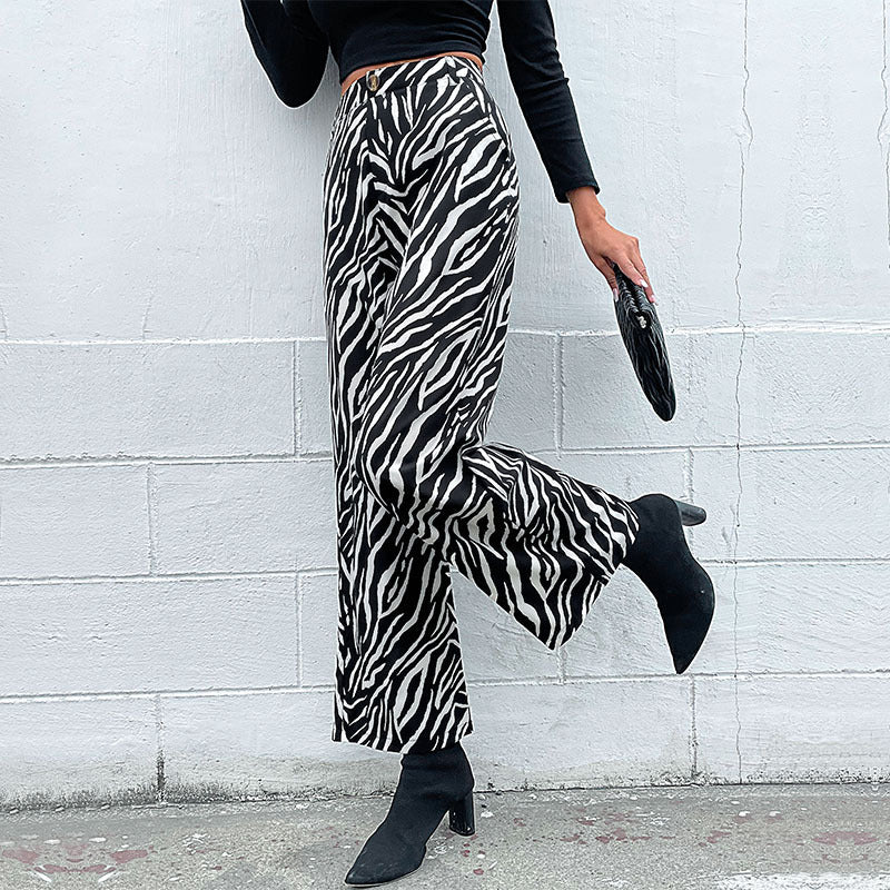 Damen Weite Palazzo-Hose mit Animal-Zebra-Muster, hohem Bund und Gürtelschlaufen Drune