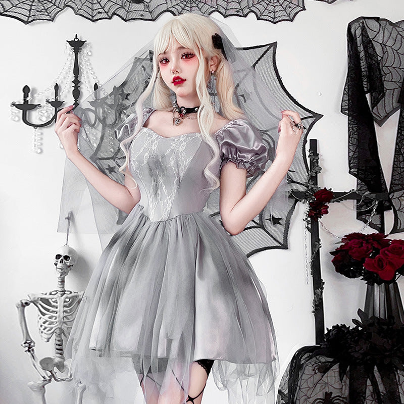 Damen Gothic Brautkleid mit Tüll- und Spitzenverzierungen Drune