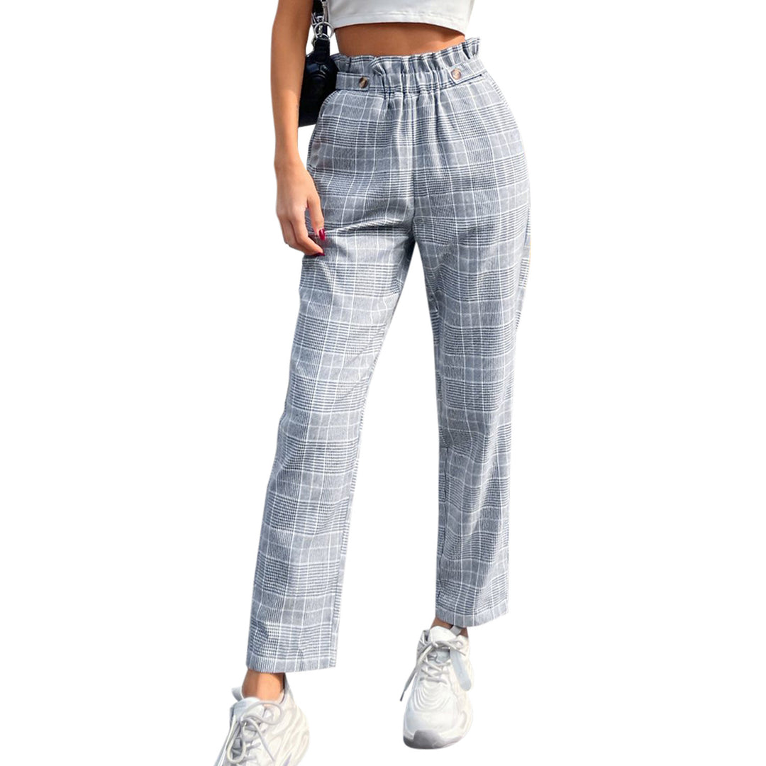 Damen elegante Karohose mit hohem Bund und seitlichen Knopfdetails Drune