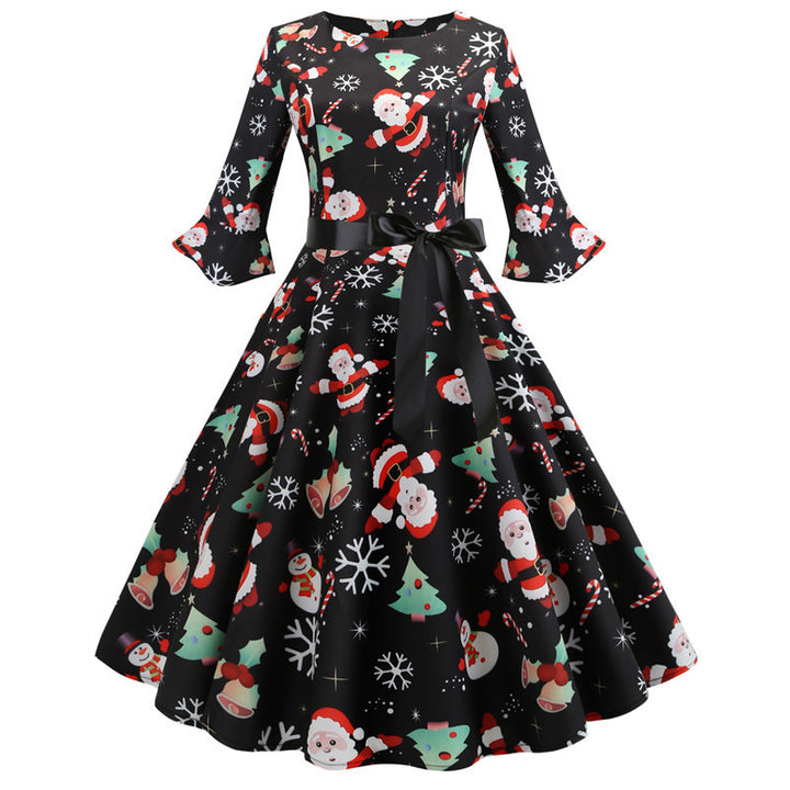 Damen Weihnachtsfestliches Kleid mit schwingendem Rock und langen Ärmeln Drune