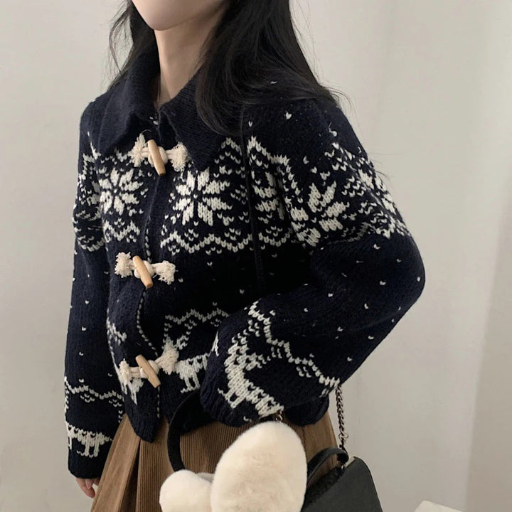 Damen Strickjacke mit Holzknopfverschluss und modernem Muster Drune