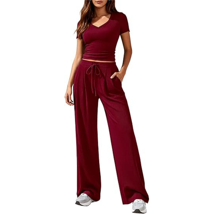 Damen Lässiges Lounge-Set mit tailliertem V-Ausschnitt bauchfreiem Top und weitem Kordelbund-Hose Drune