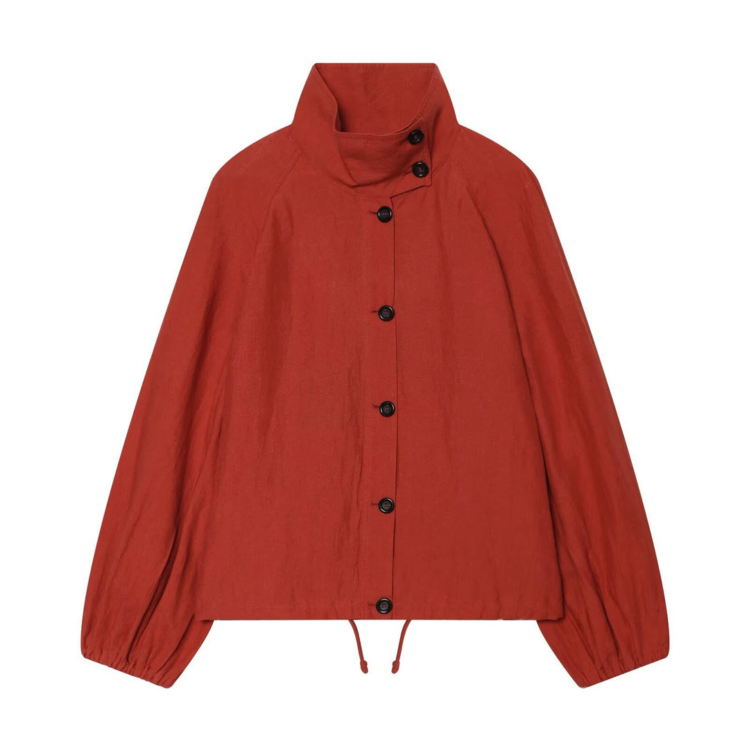 Damen Kurzjacke mit hohem Stehkragen, durchgehender Knopfleiste und Tunnelzug Drune