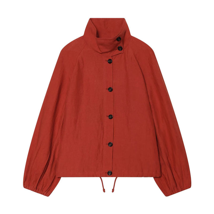 Damen Kurzjacke mit hohem Stehkragen, durchgehender Knopfleiste und Tunnelzug Drune
