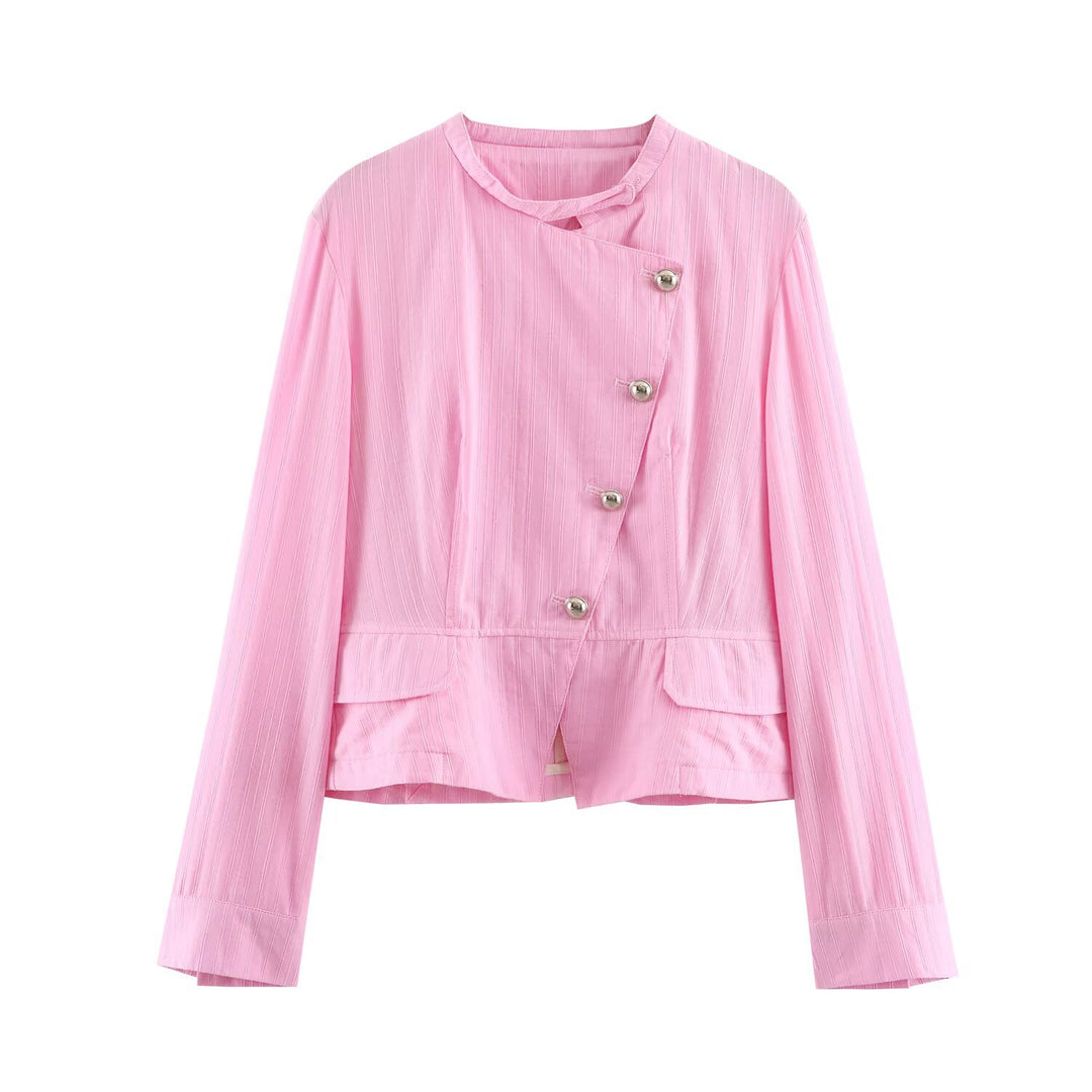 Damen Kurzjacke mit asymmetrischer Knopfleiste, Stehkragen und Zier‑Taschen Drune