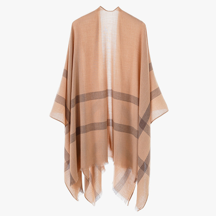 Damen leichter Feinstrick-Cape mit diagonalen Kontraststreifen und Fransen Drune