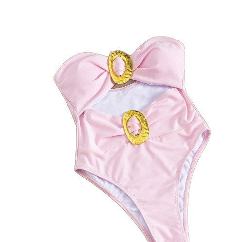Damen Einteiler Badeanzug mit dekorativem Halterneck und goldenen Akzenten Drune