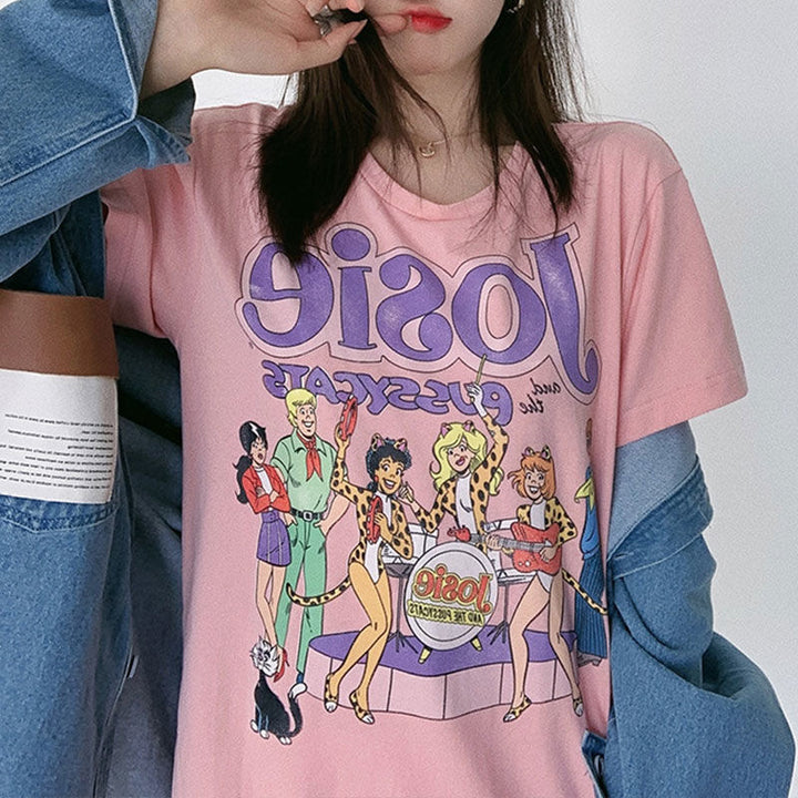 Damen Graphic T-Shirt mit vintage Rotdruck und lockerer Passform