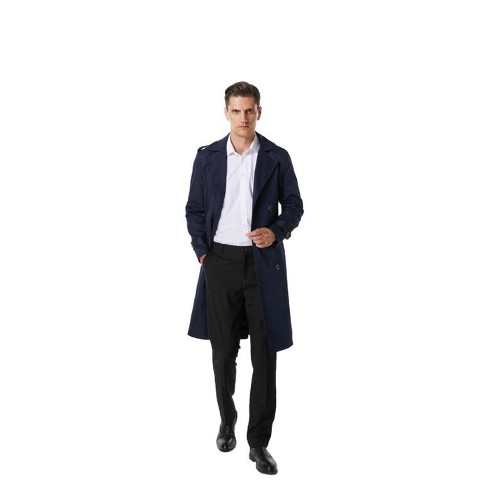 Herren Knielanger Trenchcoat im klassischen Doppelreiher mit Schulterklappen und Taillengürtel Drune