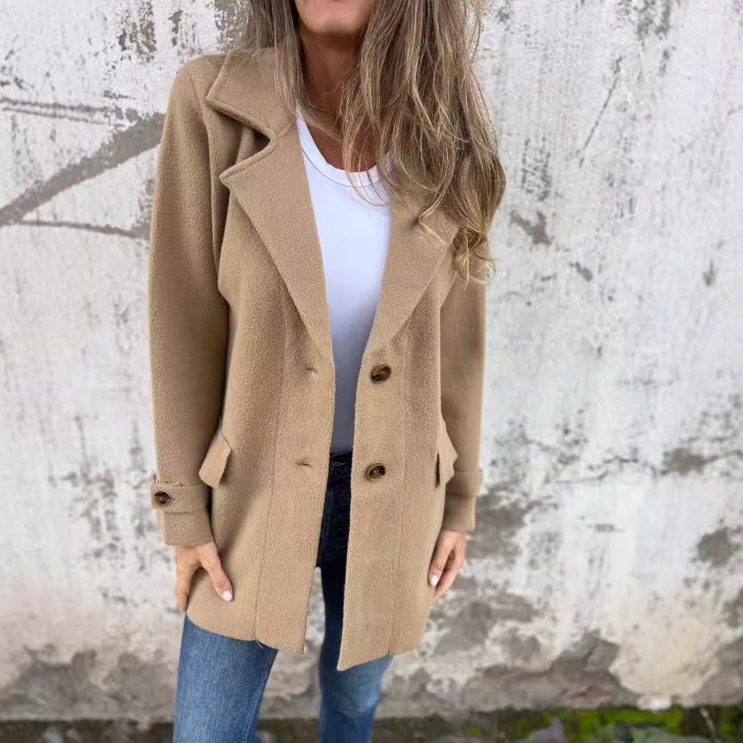 Damen warmer strukturiertes Fleece-Mantel mit doppelter Knopfreihe Drune