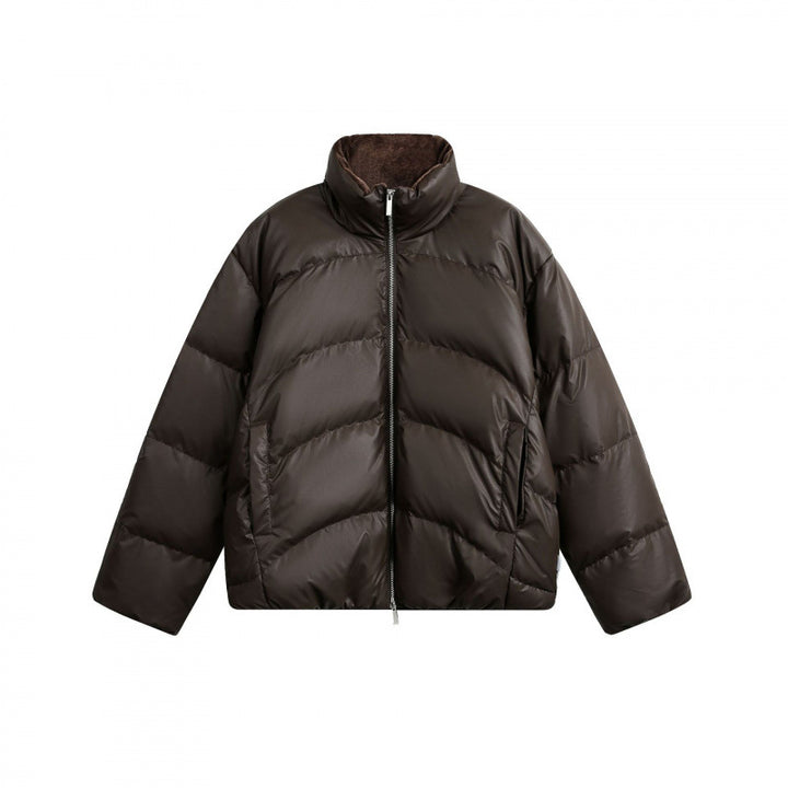 Damen Gekürzte wattierte Boxy‑Jacke mit hohem Stehkragen und Teddyfutter Drune
