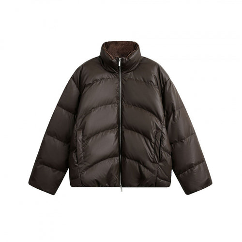 Damen Gekürzte wattierte Boxy‑Jacke mit hohem Stehkragen und Teddyfutter Drune