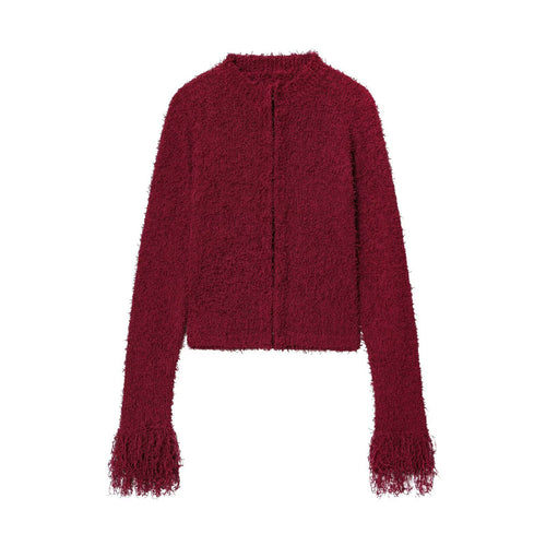 Damen kuschelige Strickjacke mit fransigen Ärmelabschlüssen und elegantem Stehkragen Drune