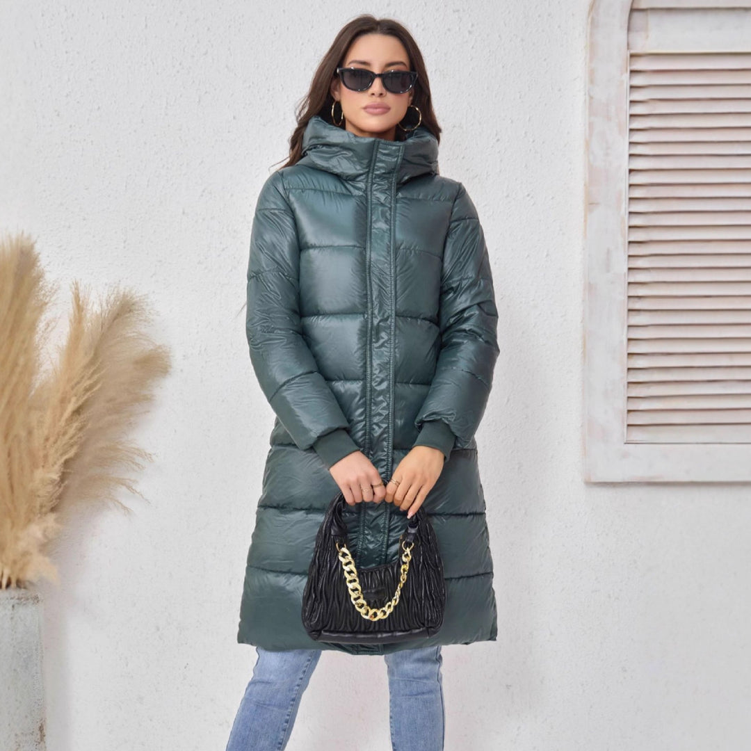 Damen Langer Puffer‑Mantel mit hohem Stehkragen, wattierter Steppung und elastischen Bündchen Drune