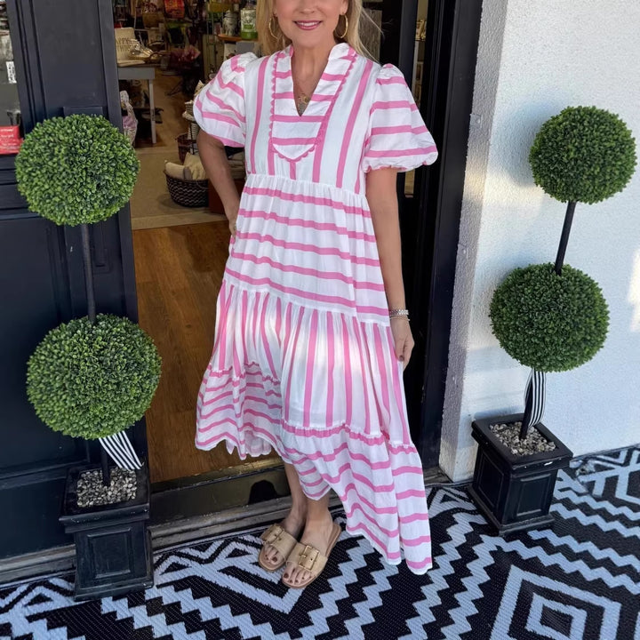 Damen Gestreiftes Maxi-Kleid mit Stufenrock, Rüschenblende und Puffärmeln Drune