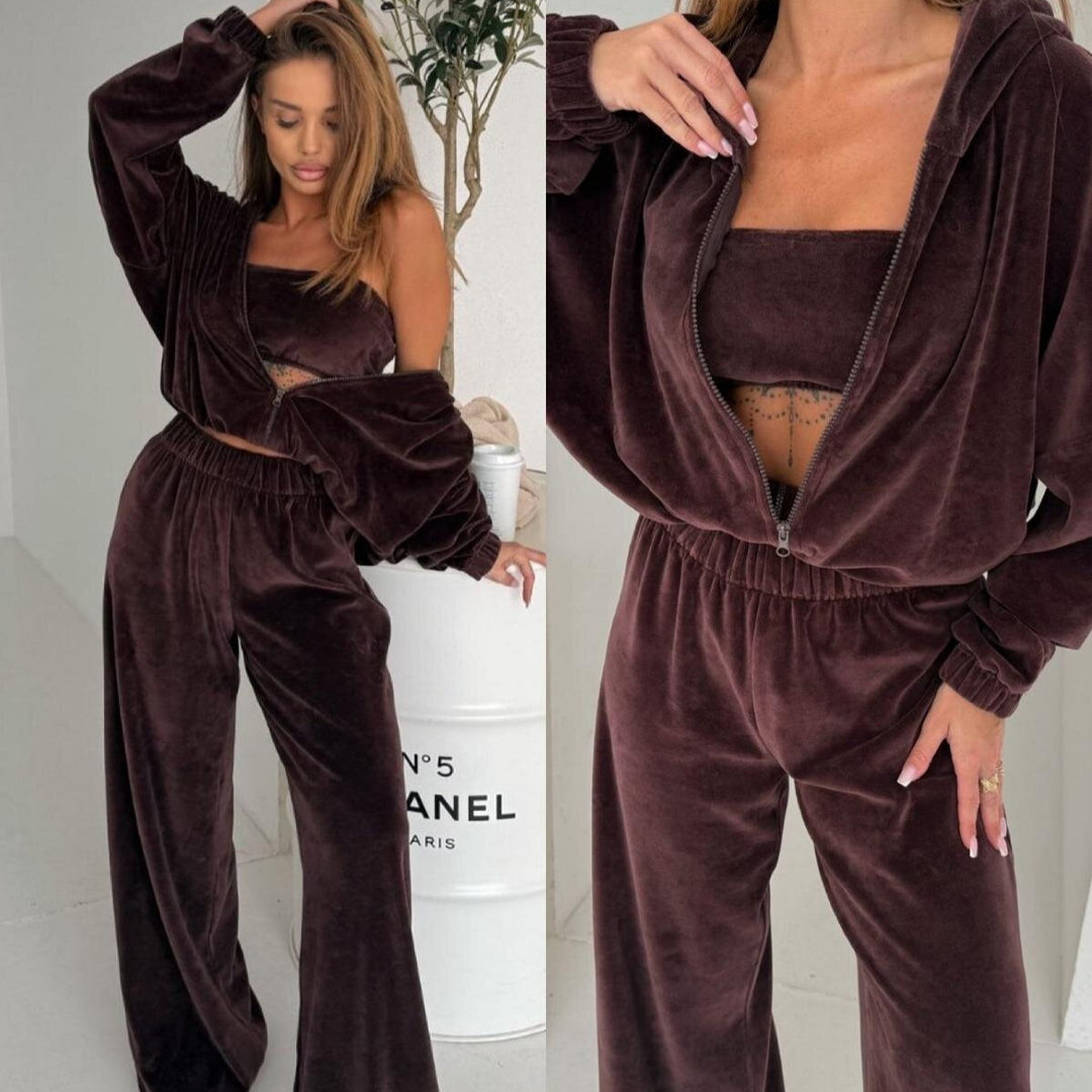 Damen Elegantes Fleece-Loungewear-Set mit weitem Oberteil und bequemen Hosen Drune