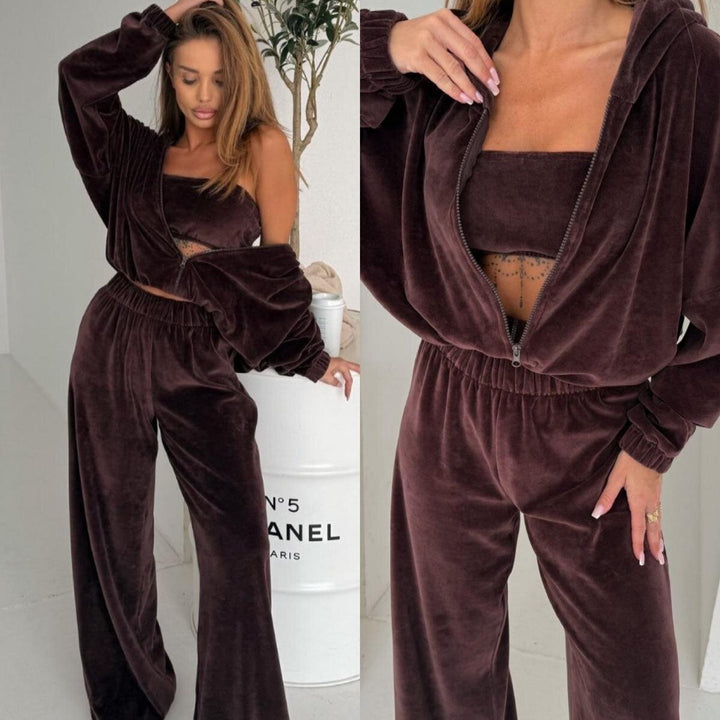 Damen Elegantes Fleece-Loungewear-Set mit weitem Oberteil und bequemen Hosen Drune