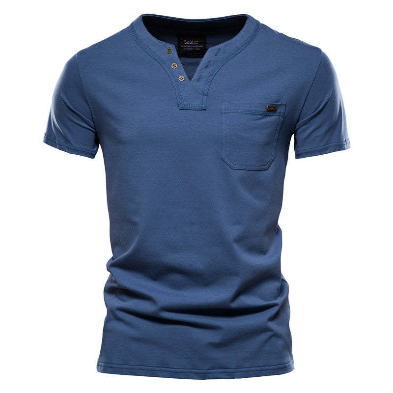 Herren V-Ausschnitt T-Shirt mit Druckknöpfen und Brusttasche Drune
