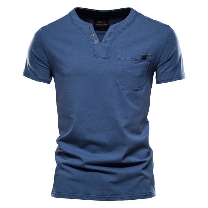 Herren V-Ausschnitt T-Shirt mit Druckknöpfen und Brusttasche Drune